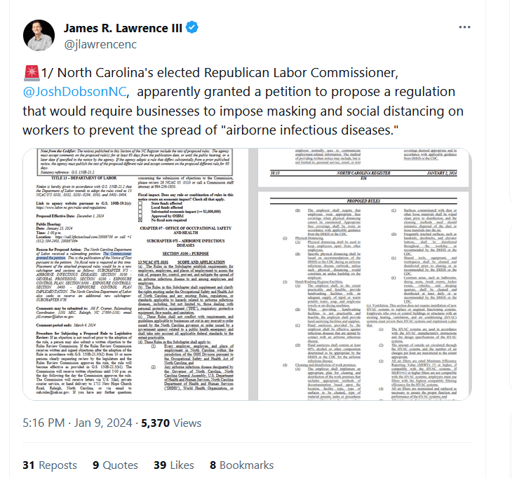 NC Poised to Mandate Masks and Social Distancing on Workers Health